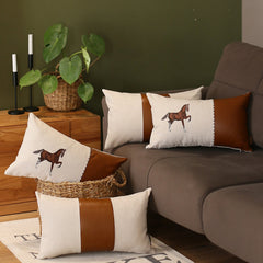 Boho Horse Embroidered Pillow Set, Faux Leather, Beige & Brown, 12x20