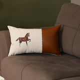 Boho Horse Embroidered Pillow Set, Faux Leather, Beige & Brown, 12x20