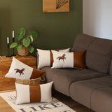 Boho Horse Embroidered Pillow Set, Faux Leather, Beige & Brown, 12x20